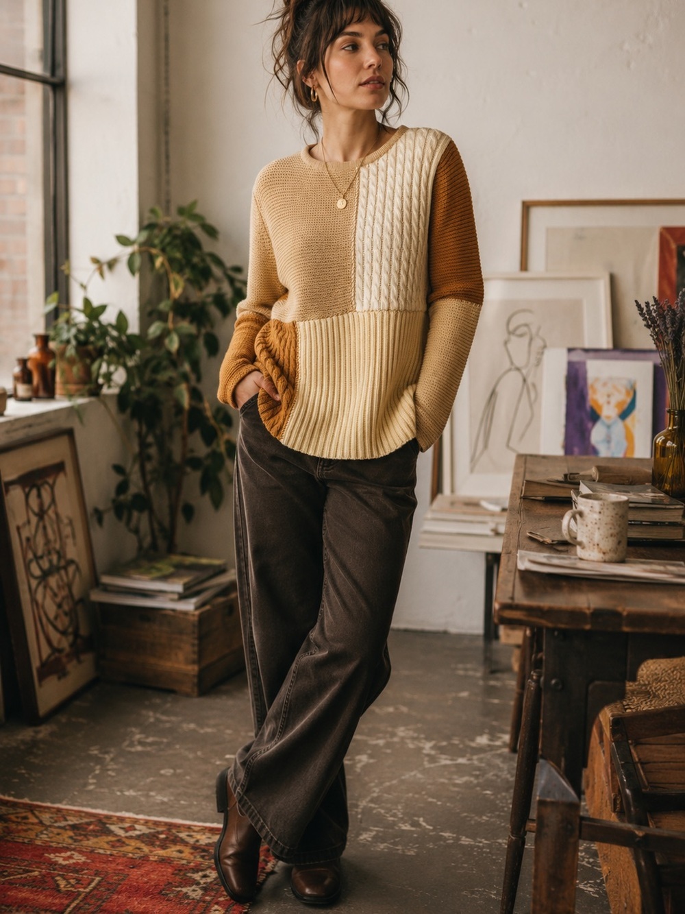Vintage Liz Claiborne Colorblock Patchwork CableKnit Sweater - Cream, Tan